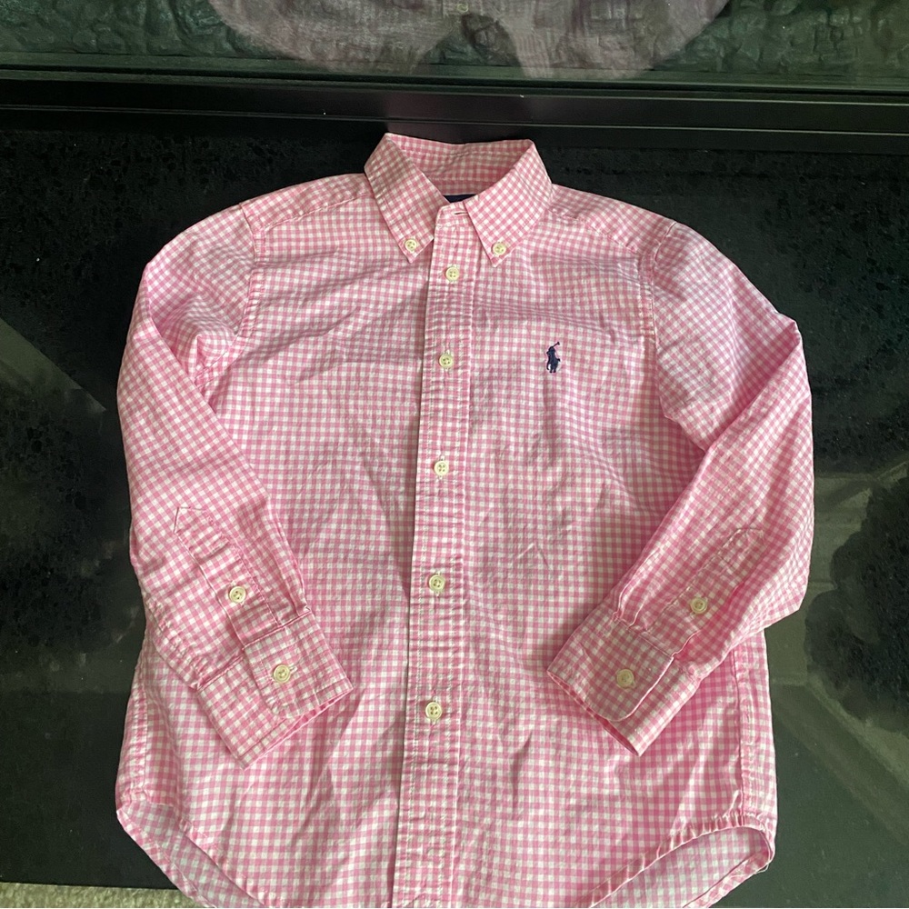Boy pink and white polo button down.